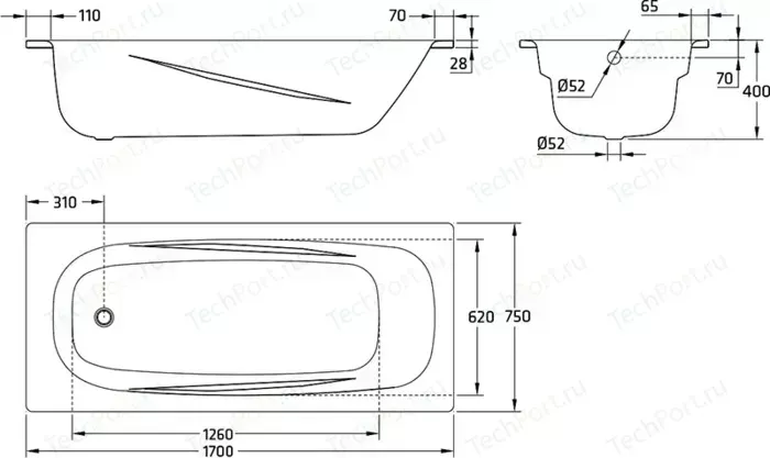 Стальная ванна BLB Anatomica 170x75 см, с отверстием для ручек (B75U handles N)