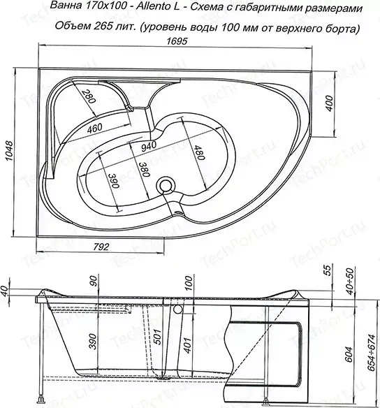 Акриловая ванна AQUANET Allento 170x100 R правая, с каркасом, без гидромассажа (205224)
