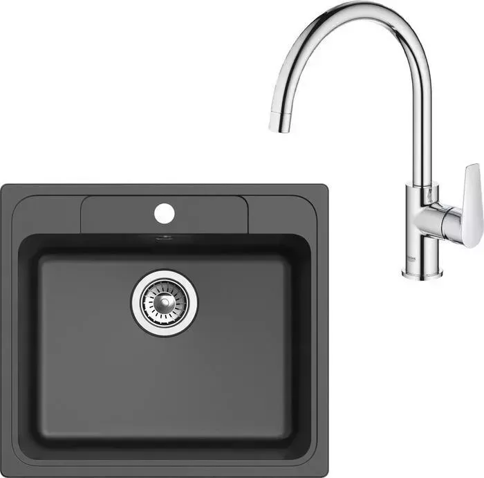 Мойка кухонная и смеситель Ewigstein и смеситель E-60, Grohe BauEdge 31367001 черная/хром