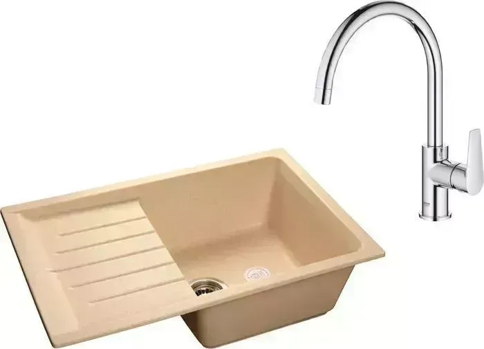 Мойка кухонная и смеситель GranFest и смеситель Practik GF-P760L, Grohe BauEdge 31367001 с сифоном, бежевая