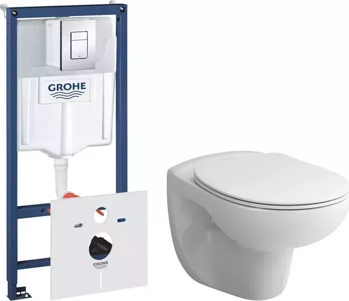 Комплект унитаза с инсталляцией Am.Pm Sense безободковый, с Grohe, клавиша хром, сиденье микролифт (C741700WH, C747855WH, 38775001)