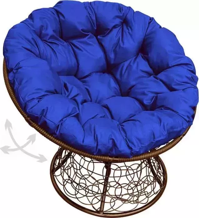 Кресло Планета про Папасан пружинка с ротангом коричневое, синяя подушка (12050210)