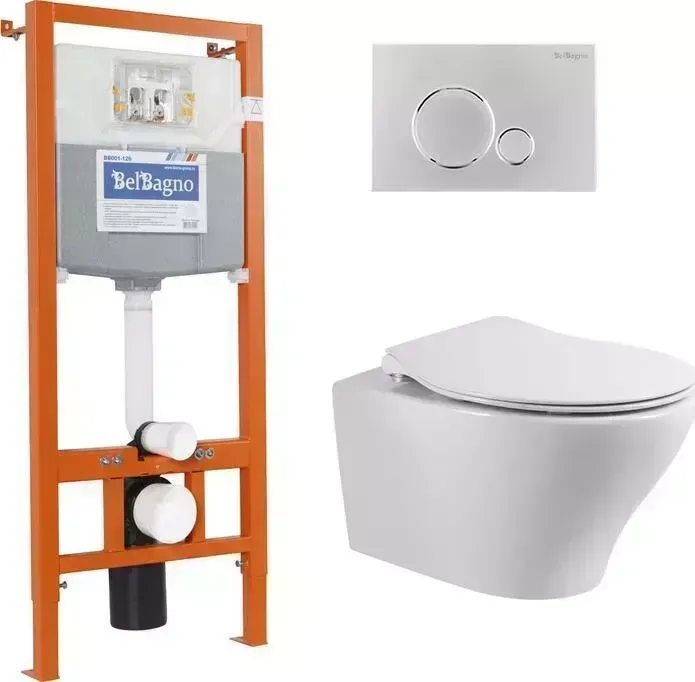 Комплект унитаза с инсталляцией BELBANGO Acqua с и сиденьем микролифт (BB340CHR, BB2020SC, BB001-120, BB015-SR-CHROME)