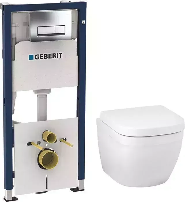 Комплект унитаза с инсталляцией Grohe Euro Ceramic с Geberit сиденье микролифт, клавиша хром (39206000, 458.128.21.1, 39330001)