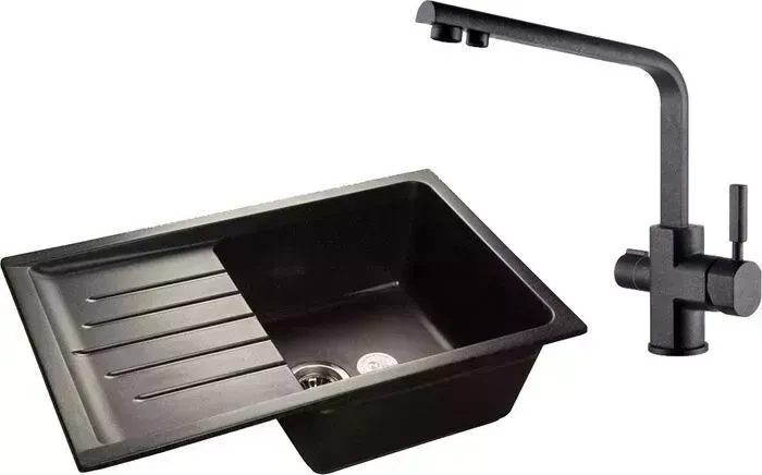 Мойка кухонная и смеситель GranFest и смеситель Practik GF-P760L, Kaiser Decor 40144-2 с сифоном, черная