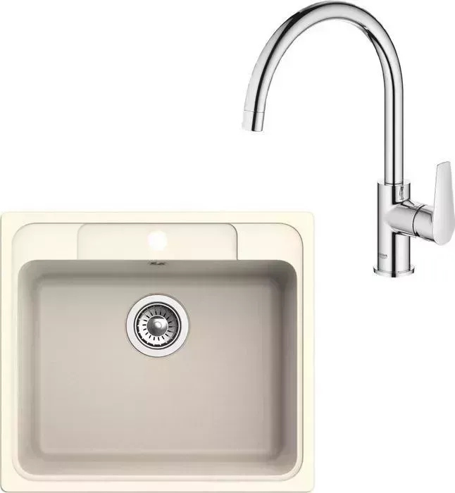 Мойка кухонная и смеситель Ewigstein и смеситель E-60, Grohe BauEdge 31367001 крем/хром