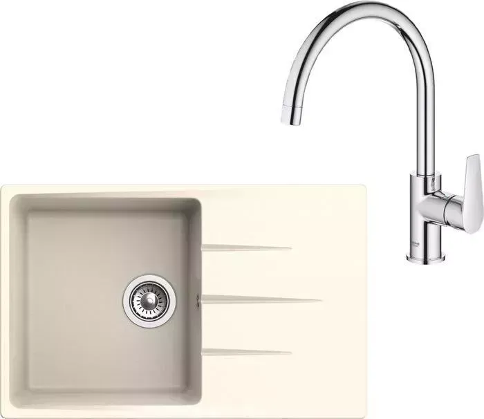 Мойка кухонная и смеситель Ewigstein и смеситель G-60F, Grohe BauEdge 31367001 крем/хром