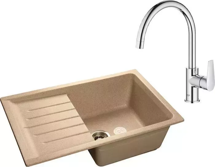 Мойка кухонная и смеситель GranFest и смеситель Practik GF-P760L, Grohe BauEdge 31367001 с сифоном, песочная