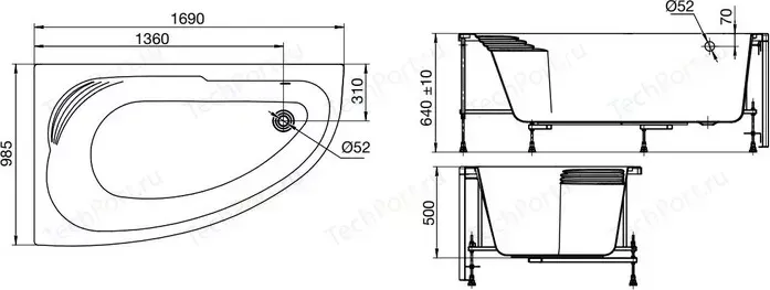 Акриловая ванна ROCA Merida 170x100 каркас, асимметричная правая белая (ZRU9302993, ZRU9302994)