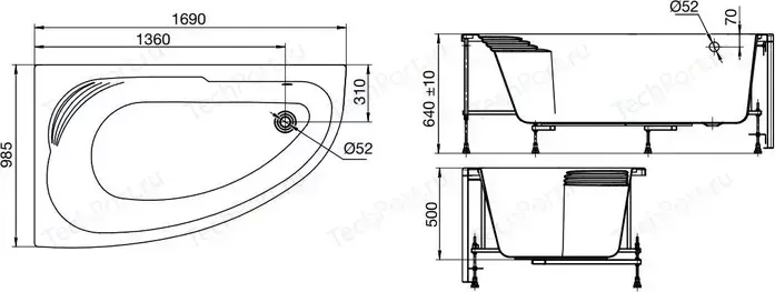 Акриловая ванна ROCA Merida 170x100 каркас, асимметричная левая белая (ZRU9302992, ZRU9302994)