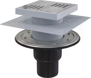 Душевой трап AlcaPlast 150х150/50/75 подводка прямая, гидрозатвор сухой и мокрый (APV4444)