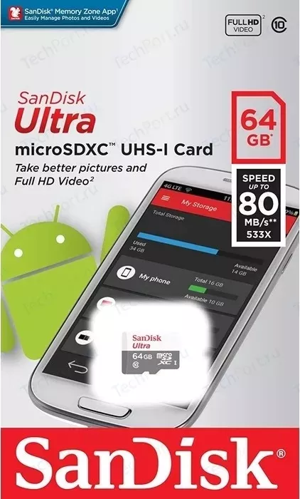 Фото №3 Карта памяти SANDISK Ultra Android microSDXC 64GB 80MB/s Class 10 (SDSQUNS-064G-GN3MN)