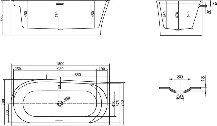 Акриловая ванна Vincea 150x78 см, правая, слив-перелив (VBT-301-1500R)