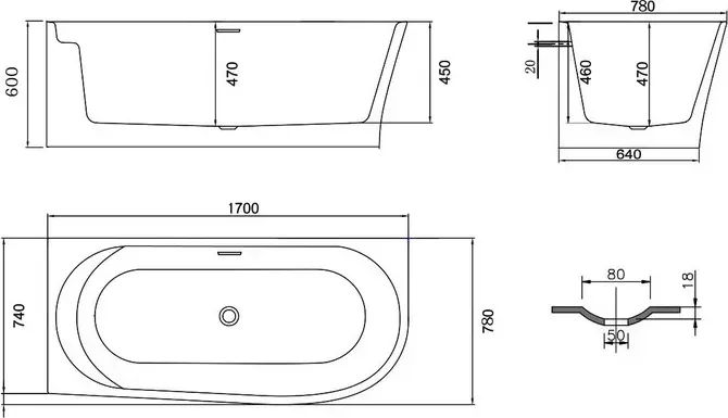 Акриловая ванна Vincea 170x78 см, правая, слив-перелив (VBT-301-1700R)