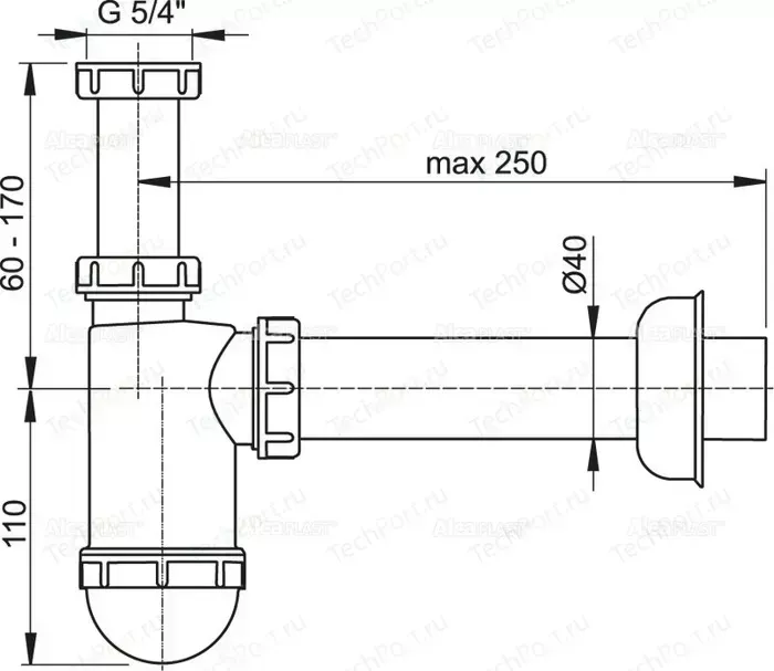 Сифон для раковины AlcaPlast D40 с накидной гайкой 5/4" (A43)