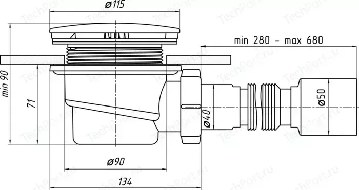 Сифон для душевого поддона АНИ пласт D90 с гофрой 280-680 мм, вальцовка (E325VAL)