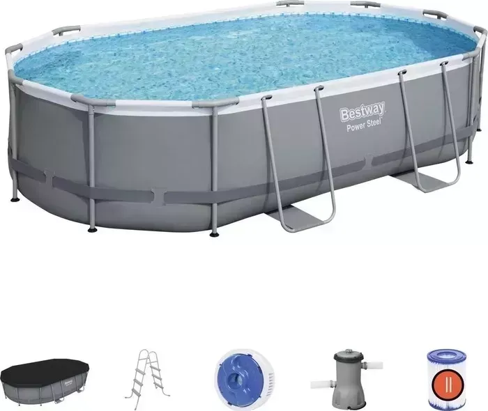 Бассейн каркасный BESTWAY 56448 BW Power Steel 488х305х107см, 10949л, фил.-насос 3028л/ч, лестница, тент, попл.-доз.