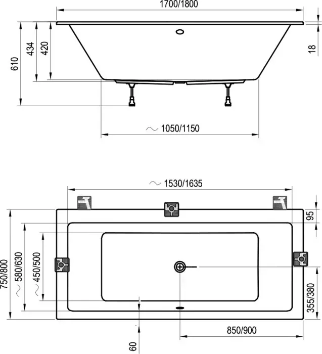 Акриловая ванна RAVAK Formy 01 Slim 170x75 с каркасом (C691300000, CY00030000)