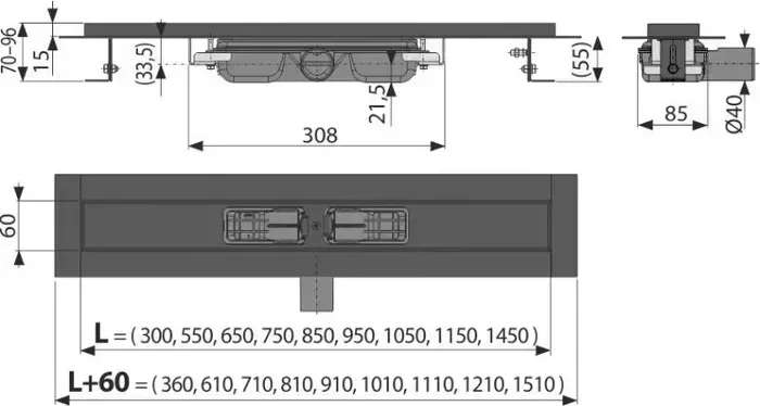 Душевой лоток AlcaPlast с решеткой Simple 10 матовый черный (APZ10BLACK-950M)