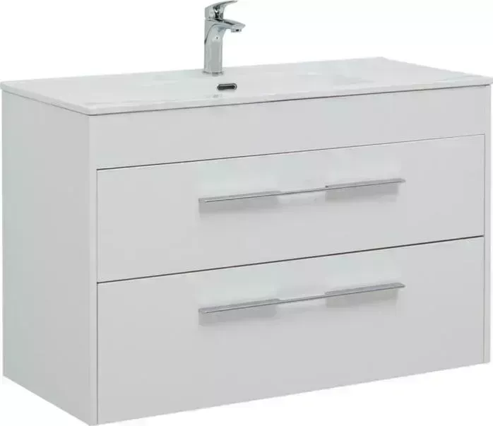 Тумба с раковиной AQUANET с Августа 100 Flat два ящика, белый глянец (277509, 254365)