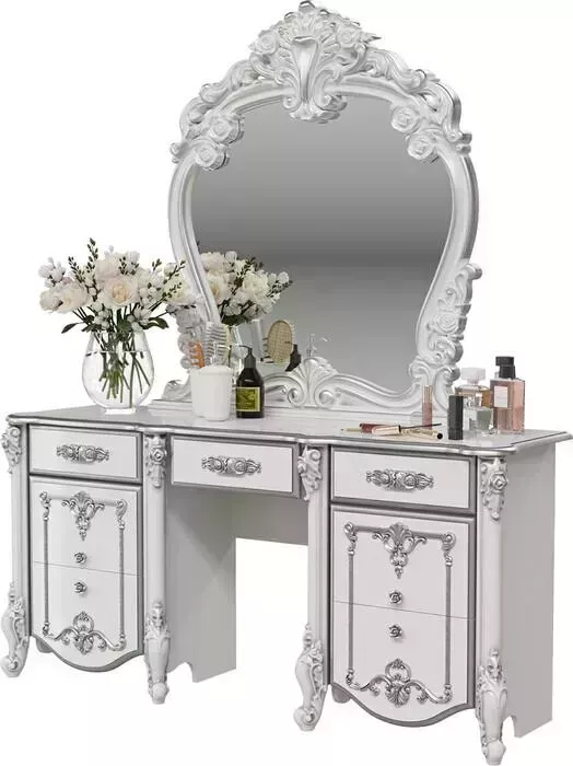 Столик туалетный Мэри Дольче Вита СДВ-05 с зеркалом СДВ-06, цвет белый глянец с серебром