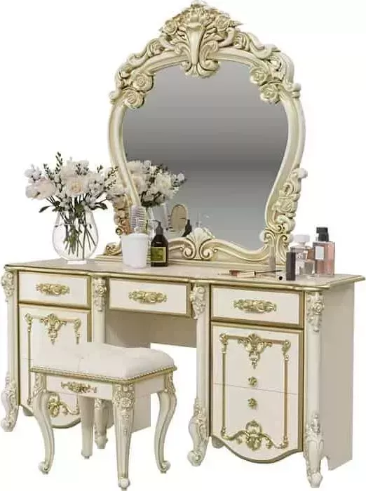 Столик туалетный Мэри Дольче Вита СДВ-05 с зеркалом СДВ-06, пуф СДВ-07, цвет слоновая кость/золото