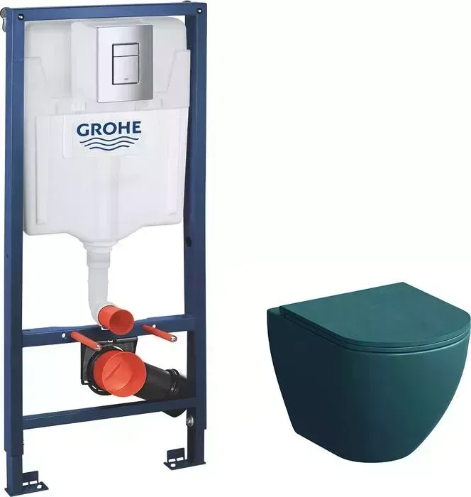 Комплект унитаза с инсталляцией GROSSMAN с Grohe, сиденье микролифт, зеленый матовый (GR-4455OLMS, 38772001)