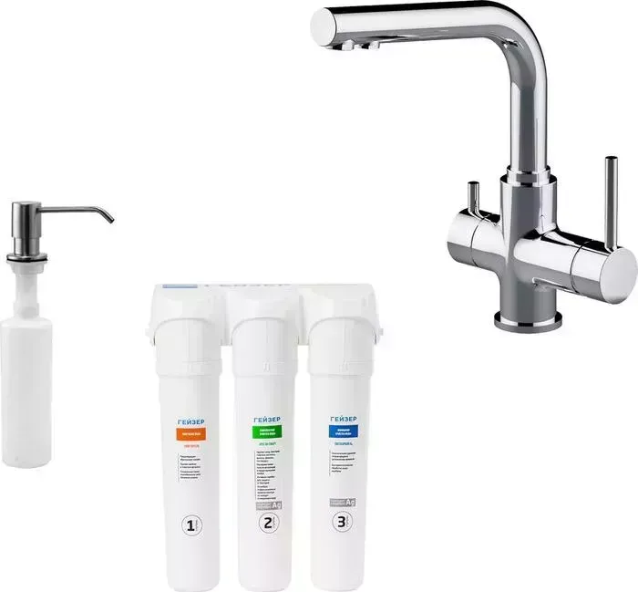 Смеситель для кухни LEMARK Comfort LM3061C с фильтром Гейзер Смарт и дозатором мыла, хром