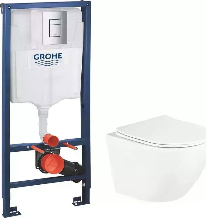 Комплект унитаза с инсталляцией BELBANGO Uno с Grohe, с кнопкой хром, сиденье микролифт
