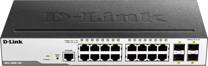 Коммутатор D-LINK DGS-3000-20L/B1A 16G 4SFP управляемый