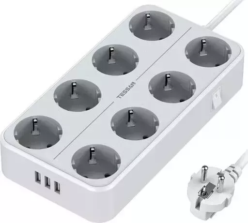 Сетевой фильтр TESSAN TS-304 с кнопкой питания на 8 розеток и 3 USB, Grey