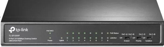 Коммутатор TP-LINK TP-Link TL-SF1009P (9 портов Ethernet 10/100 Мбит/сек, PoE: 8шт.х30 Вт (макс. 65Вт)) (TL-SF1009P)