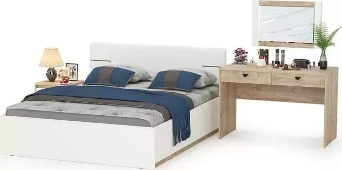 Кровать Моби Лея 11.32Н 160х200 с тумбой 13.288, зеркало 15.29, стол 12.69 цвет дуб эндгрейн элегантный/миндаль/белая (1024544)