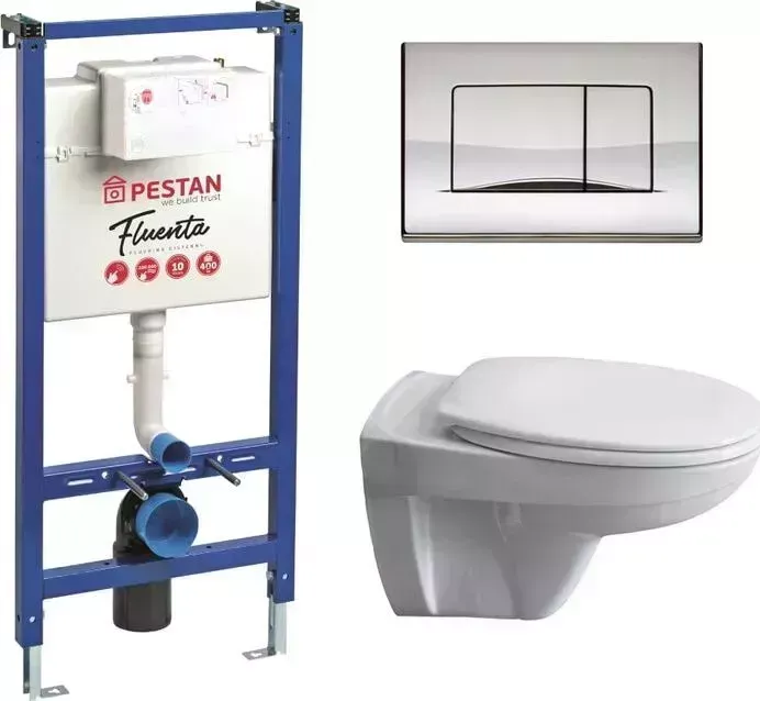 Комплект унитаза с инсталляцией PESTAN Fluenta Basic с , сиденьем микролифт и клавишей хром (40006460, SET40006356AC)
