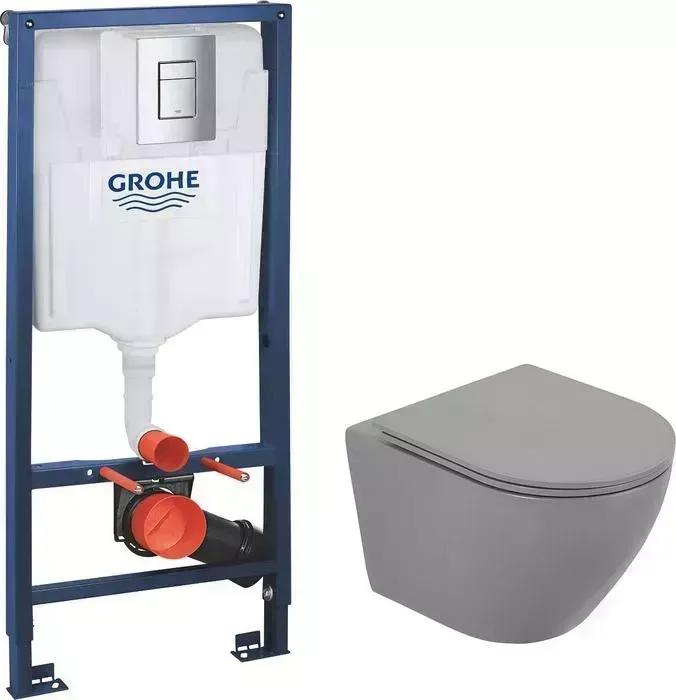 Комплект унитаза с инсталляцией BELBANGO Colorato с Grohe, с кнопкой хром, сиденье микролифт, серый матовый