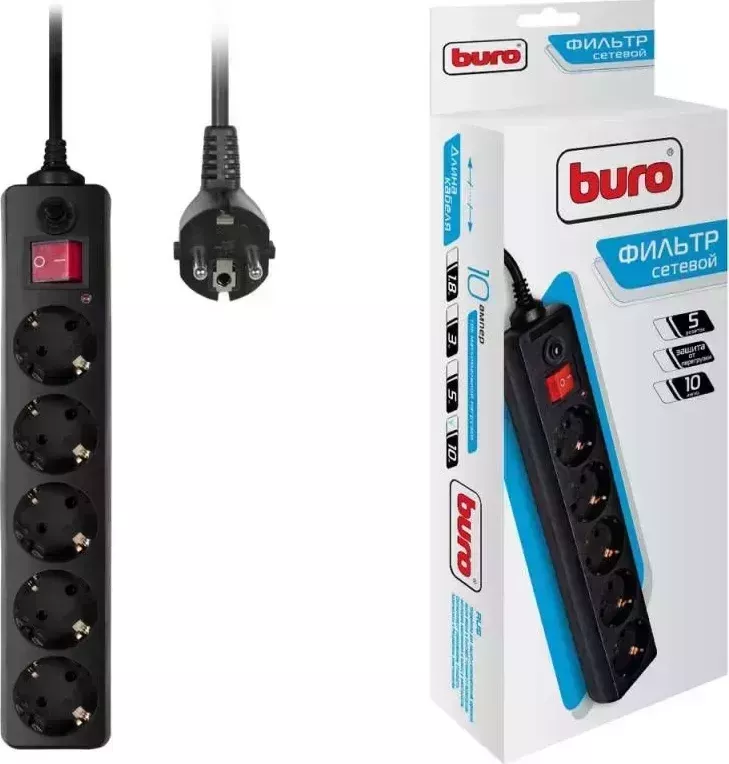 Сетевой фильтр BURO 500SH-10-B 10м, 5 розеток, черный