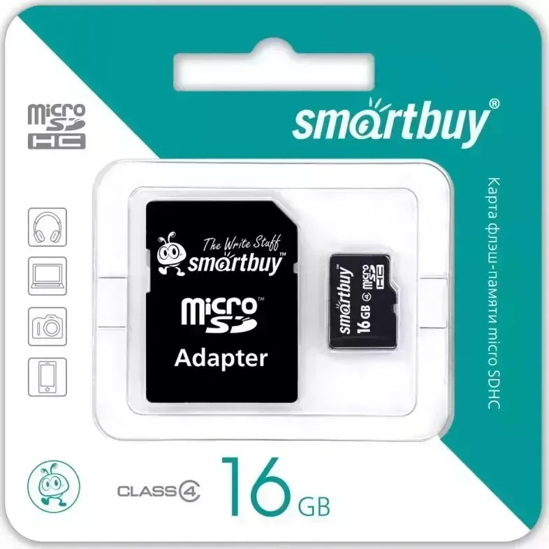 Карта памяти  Smartbuy MicroSDHC 16GB Сlass4 + адаптер