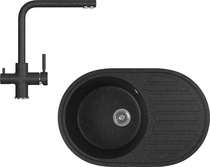 Мойка кухонная и смеситель GREENSTONE и смеситель GRS-18L-308, GS-005-308 черный
