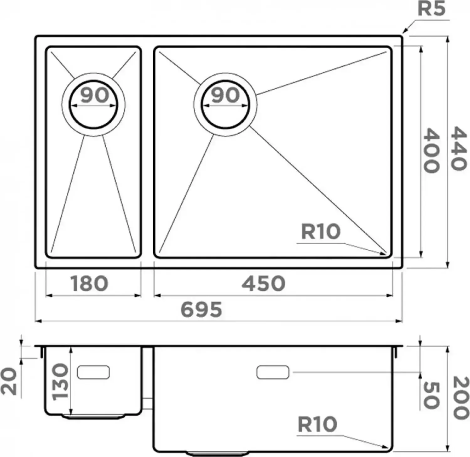 Мойка кухонная OMOIKIRI Taki 69-2-U/IF-LG-R Side