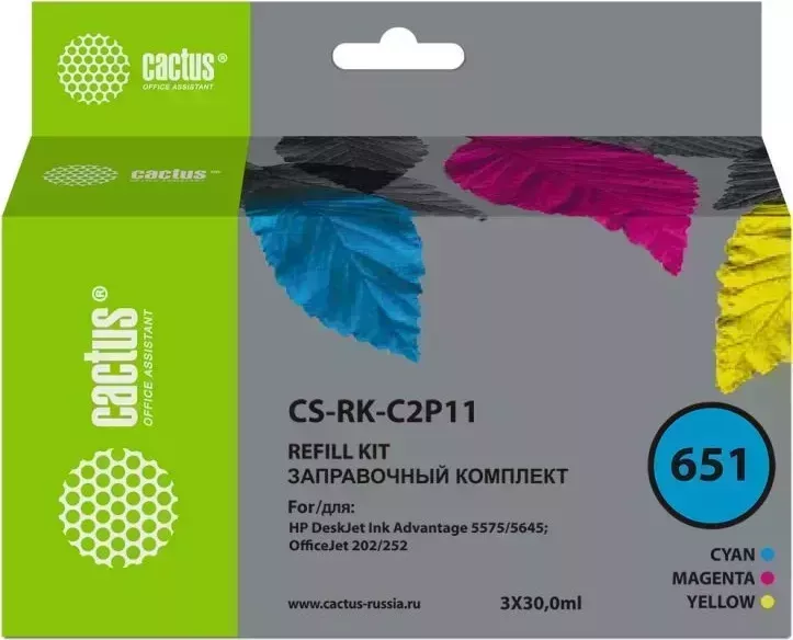 Расходный материал для печати CACTUS CS-RK-C2P11 N651 голубой/пурпурный/желтый 3x30мл (Заправочный набор)