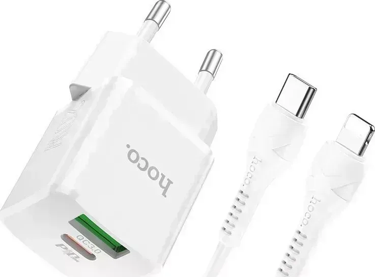 Кабель HOCO Сетевое зарядное устройство N20 Prestige USB+Type-C + Type-C/Lightning белый (6931474752765)