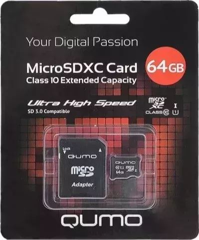 Карта памяти QUMO MicroSDXC 64GB CLASS10 UHS-I ,3.0 (18805) +адаптером