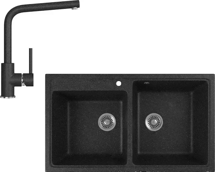 Мойка кухонная и смеситель GREENSTONE и смеситель GRS-85k-308, GS-004-308 черный