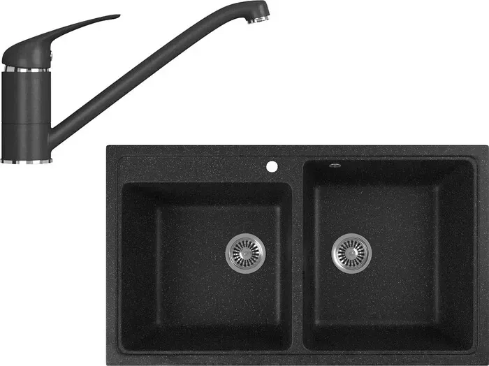 Мойка кухонная и смеситель GREENSTONE и смеситель GRS-85k-308, GS-001-308 черный