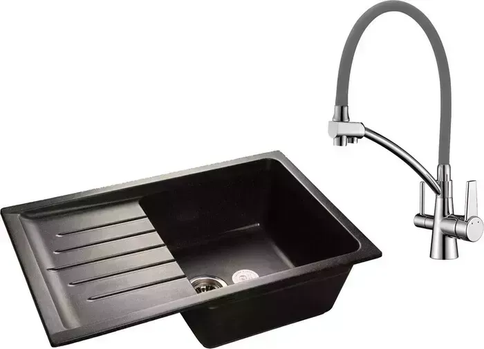 Мойка кухонная и смеситель GranFest и смеситель Practik GF-P760L, Lemark Comfort LM3071C-Gray с сифоном, черная