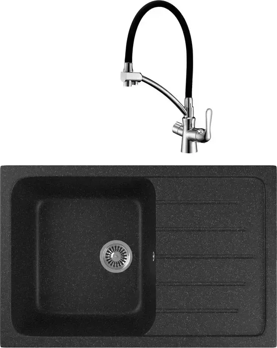 Мойка кухонная и смеситель GREENSTONE и смеситель GRS-76-308 Lemark Comfort LM3070C с сифоном, черная