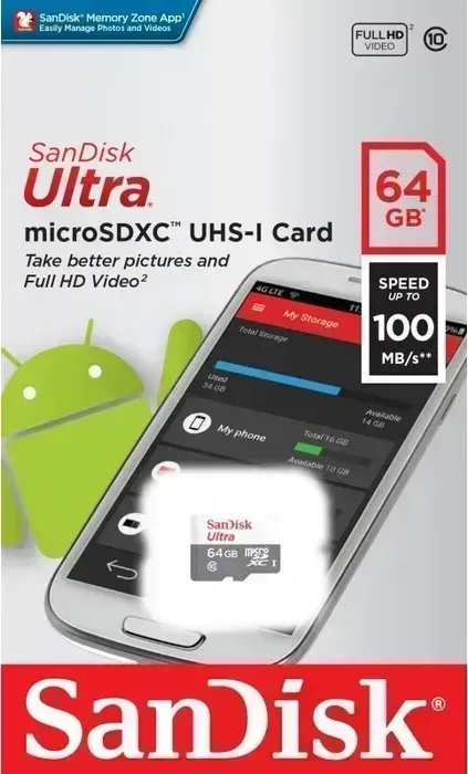 Карта памяти SANDISK microSDXC 64Gb Class10 SDSQUNR-064G-GN3MN Ultra Light w/o adapter