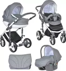 Коляска 3 в 1 TUTIS 3 в 1 PR Mimi Plus Белая рама Серый лен/белый/белый горох 503721/1