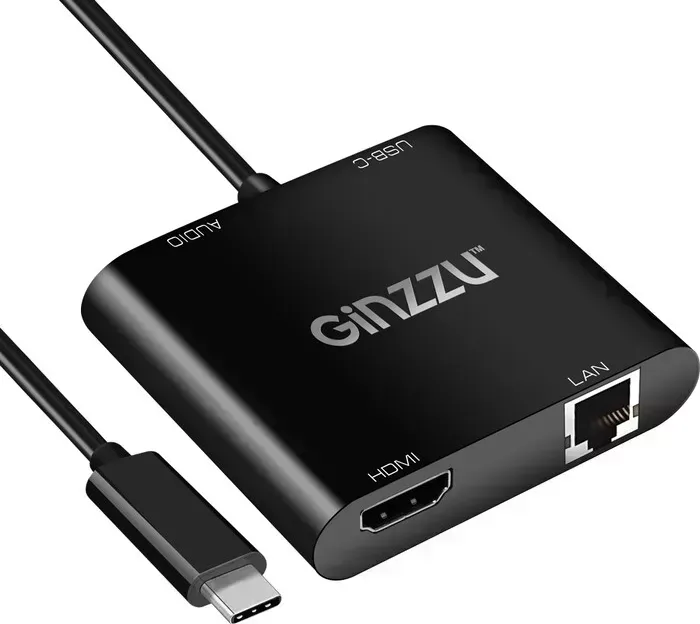 Переходник Ginzzu GC-878HVC, Type C на LAN +HDMI +Audio, кабель 25см
