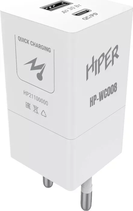 Сетевое зарядное устройство Hiper (СЗУ) HP-WC008 3A+2.5A PD+QC универсальное белый